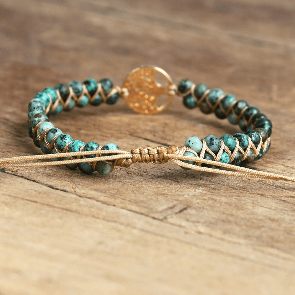 Boho-Armband aus afrikanischem Jaspis, handgefertigt, Baum des Lebens, grün-gold, Schmuck.
