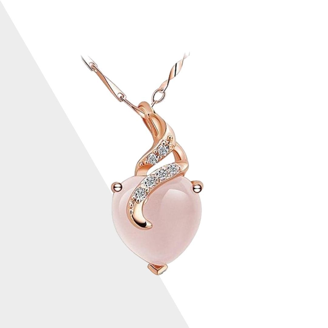 Rosa Opal Herz Halskette mit goldenen Details und Zirkonia, eleganter Schmuck für Damen.