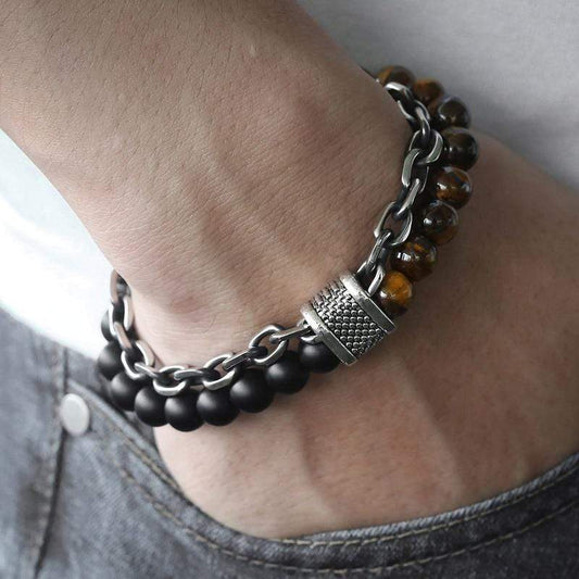 Tigerauge-Armband, schwarze Perlen, Edelstahlkette, Herren-Schmuck, 10 Zoll.