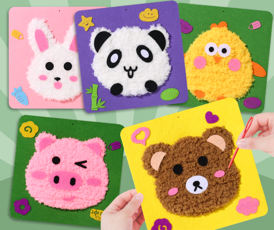 Bastelset für Kinder, Filzstickerei, Tiermotive, Hase, Panda, Küken, Schwein, Bär, DIY Handwerk.