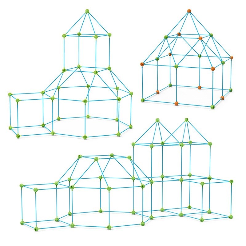 Blaue und grüne Konstruktionsspielzeug-Stäbe und -Kugeln, geometrische Strukturen, Kinderbaukasten.