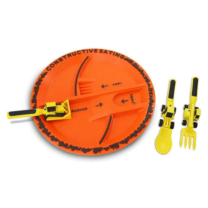 Orange Kindergeschirr-Set mit Bagger-Motiv, Teller und Besteck, BPA-frei, für Kinderessen.