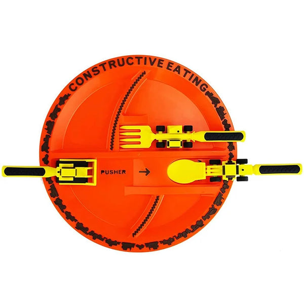 Oranger Kinderteller mit gelbem Besteck, Baufahrzeug-Design, rutschfest, BPA-frei.