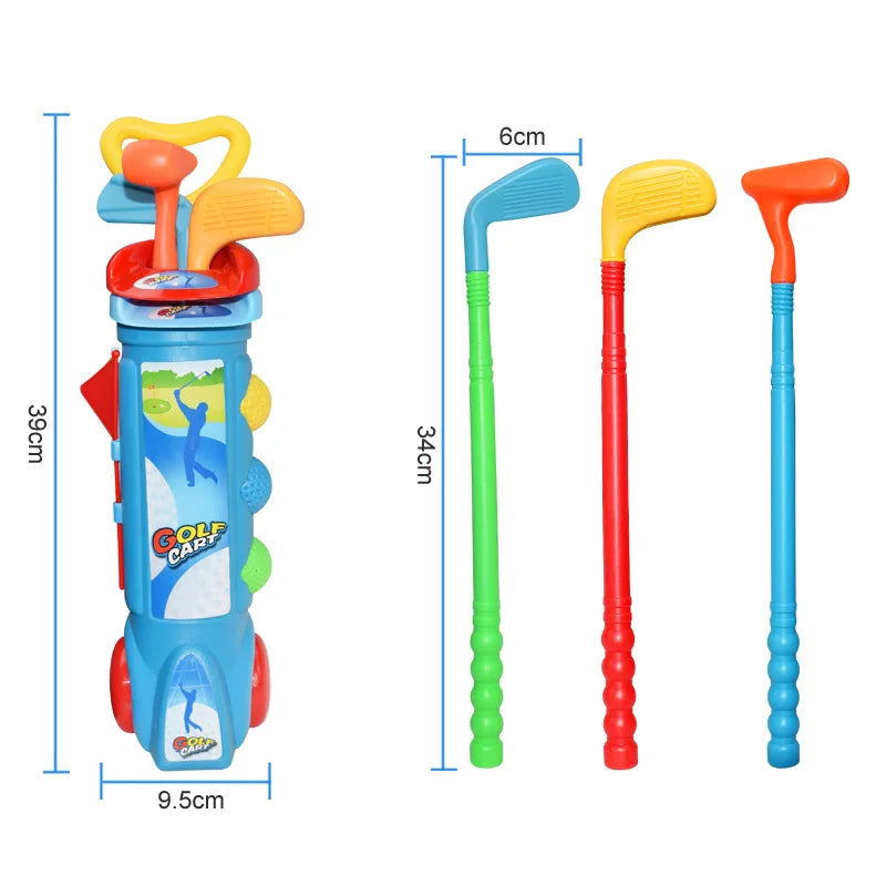 Kinder-Golfset mit bunten Schlägern und Golfwagen, Indoor-Outdoor-Spielzeug, 39 cm hoch.