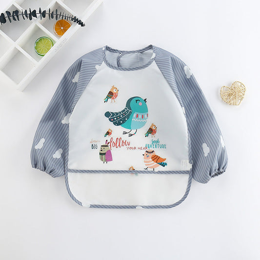 Grauer Kinder-Lätzchen mit Vogelmotiv, wasserdicht, langärmelig, für Kleinkinder.