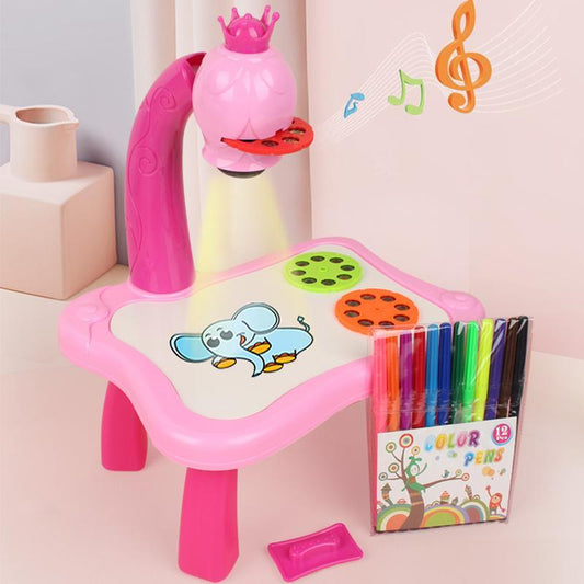 Rosa Kindermaltisch mit Projektor, Elefantenmotiv, inklusive 12 bunte Stifte, Musiknoten.