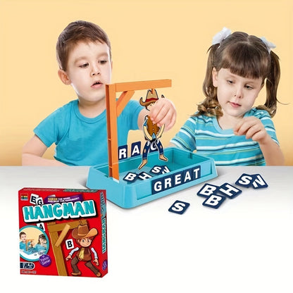 Kinder spielen Hangman-Spiel, blaues Brett, Buchstaben, Lernspielzeug, Spaß, Bildungsspiel.