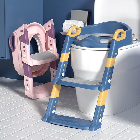Blauer und gelber Kinder-Toilettensitz mit Leiter, faltbar, Badezimmer, rutschfest.