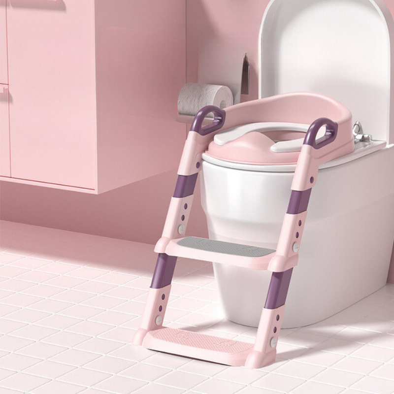 Rosa Kinder-Toilettensitz mit Leiter, rutschfest, höhenverstellbar, Badezimmerzubehör.