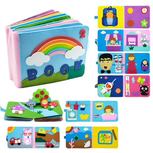 Stoffbuch für Kinder, bunt, interaktiv, Lernspielzeug, pädagogisch, mit Regenbogenmotiv.
