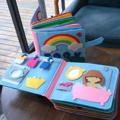 Buntes Filz-Bilderbuch für Kinder, interaktiv, mit Regenbogen und Badewanne, Lernspielzeug.