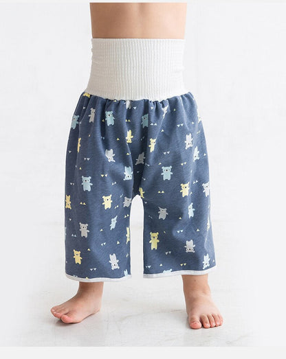Kleinkindhose blau mit Bärenmuster, hoher Bund, Baumwolle, bequem, modisch, Kinderbekleidung.