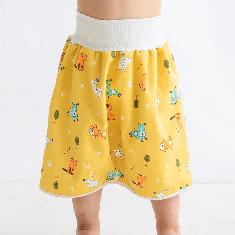 Gelber Kinderrock mit Tiermotiven, elastischer Bund, Baumwolle, bequem, modisch.
