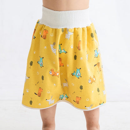 Gelber Kinderrock mit Tiermotiven, elastischer Bund, Baumwolle, bequem, modisch.