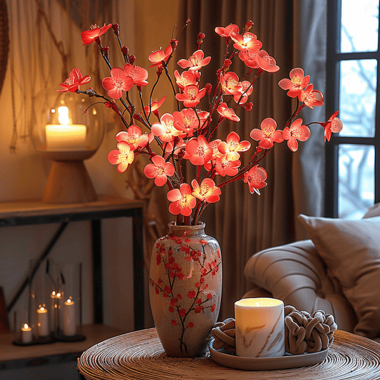 Leuchtende Kirschblütenzweige in Vase, warmes Licht, Wohnzimmerdekoration, romantische Atmosphäre.