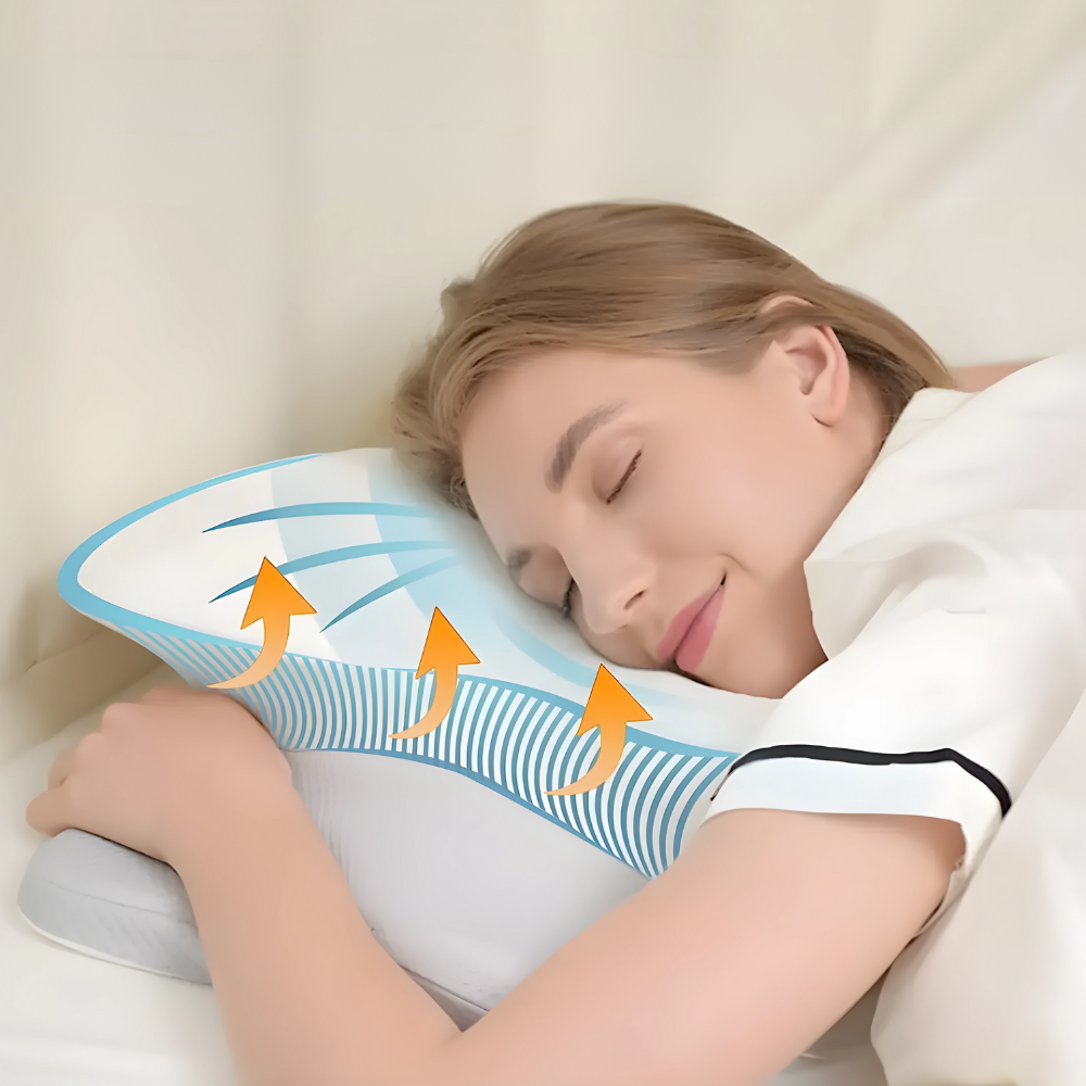 Frau schläft auf ergonomischem Memory Foam Kissen, weiß, mit Luftzirkulation, Komfort.