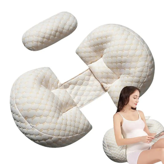 Schwangerschaftskissen, ergonomisch, beige, gesteppt, für Seitenschläfer, Komfort und Unterstützung.