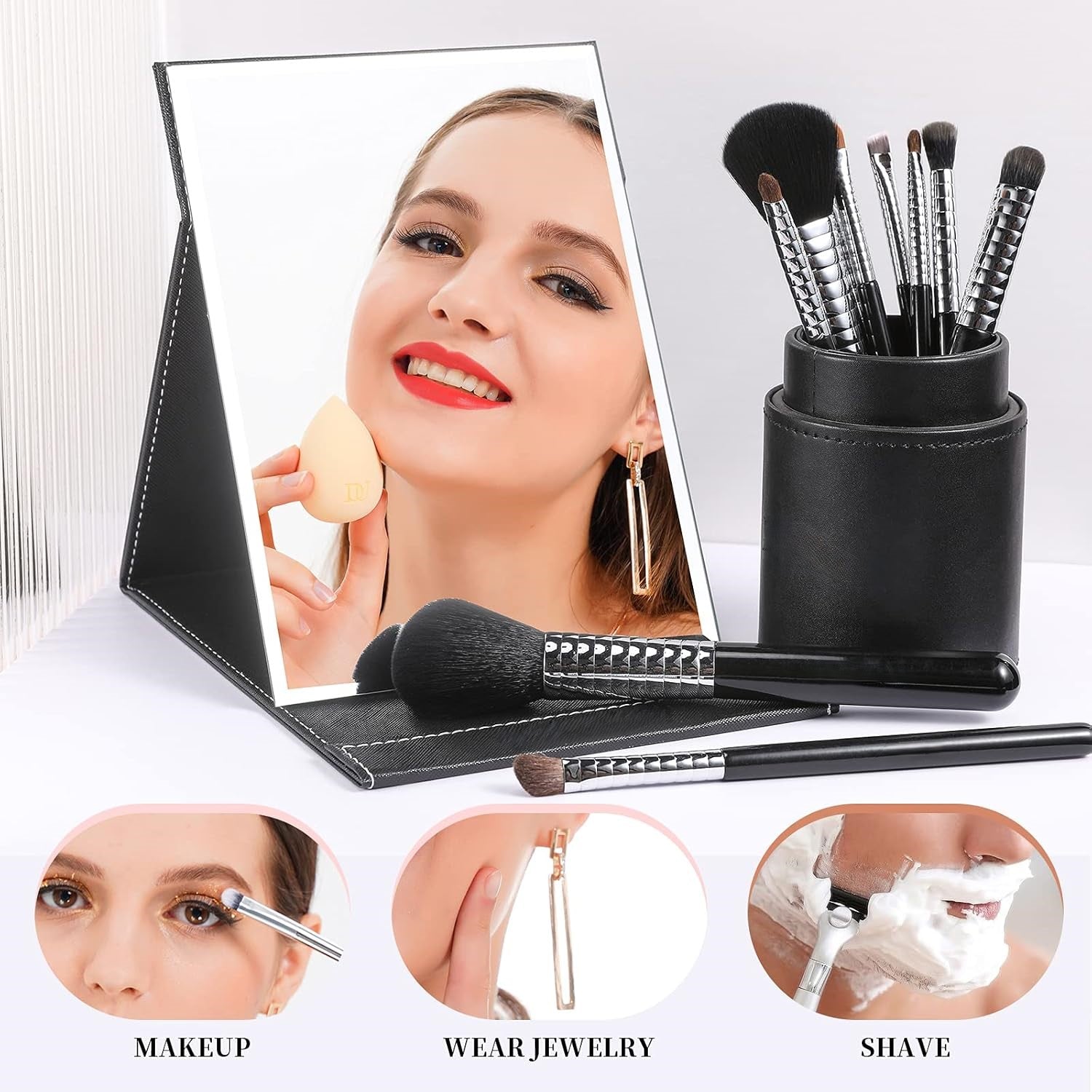 Schminkspiegel mit Pinselset, schwarz, tragbar, Make-up Zubehör, ideal für Reisen.