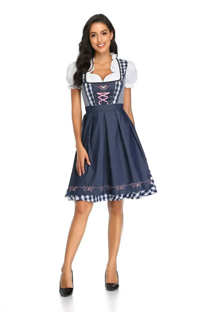 Frontansicht des Dirndls in Marineblau mit schwarz-weiß kariertem Oberteil, rosa Schnürung und bestickter Schürze, getragen von einem Model. 3