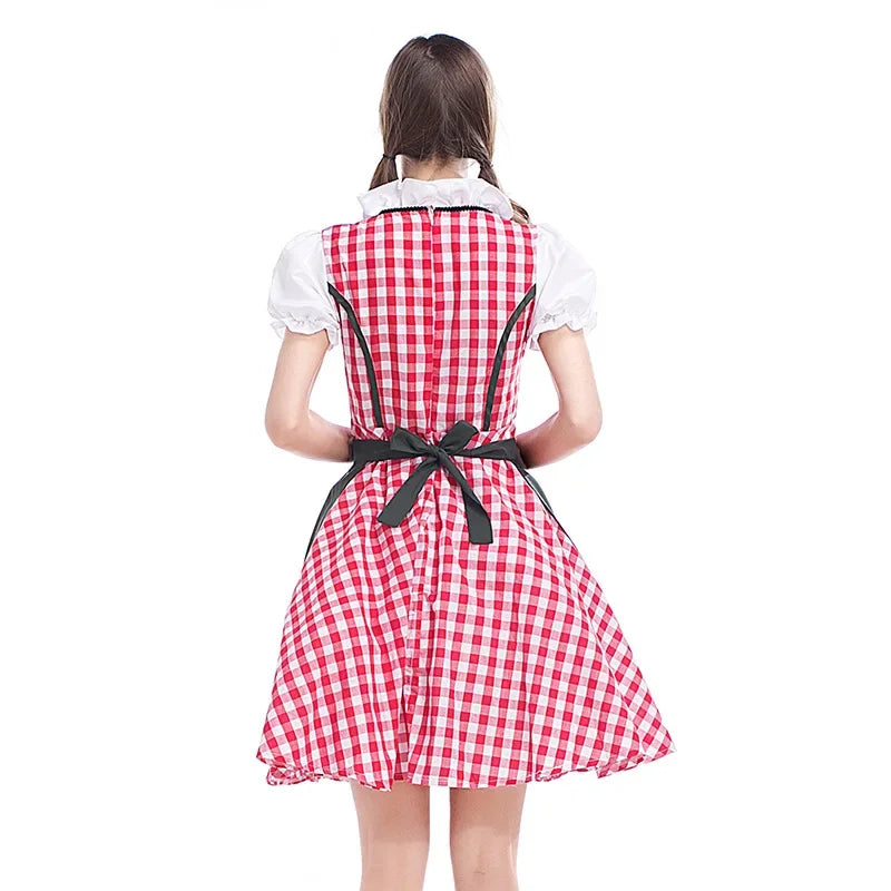 Rückansicht des rot-weiß karierten Dirndls mit dunkler Schleife an der Taille, Reißverschluss am Rücken und weißen Puffärmeln. 4