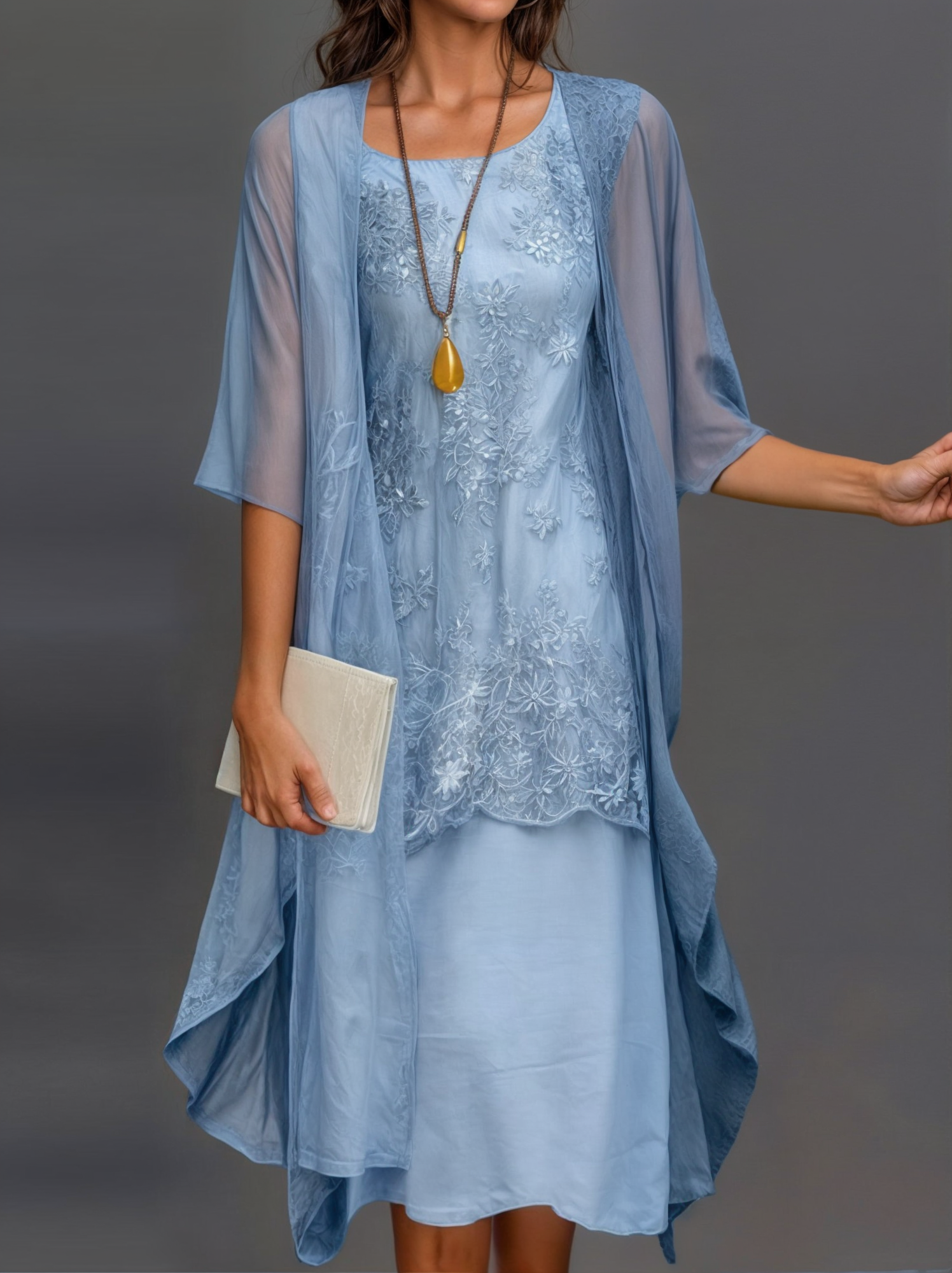 Kleid mit Blumenmuster | Knielang | Locker | Kurzarm | Rundhals-Blau-S-Luzern Mode