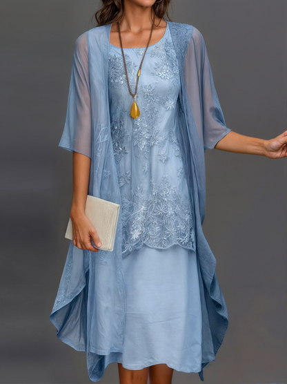 Kleid mit Blumenmuster | Knielang | Locker | Kurzarm | Rundhals-Blau-S-Luzern Mode