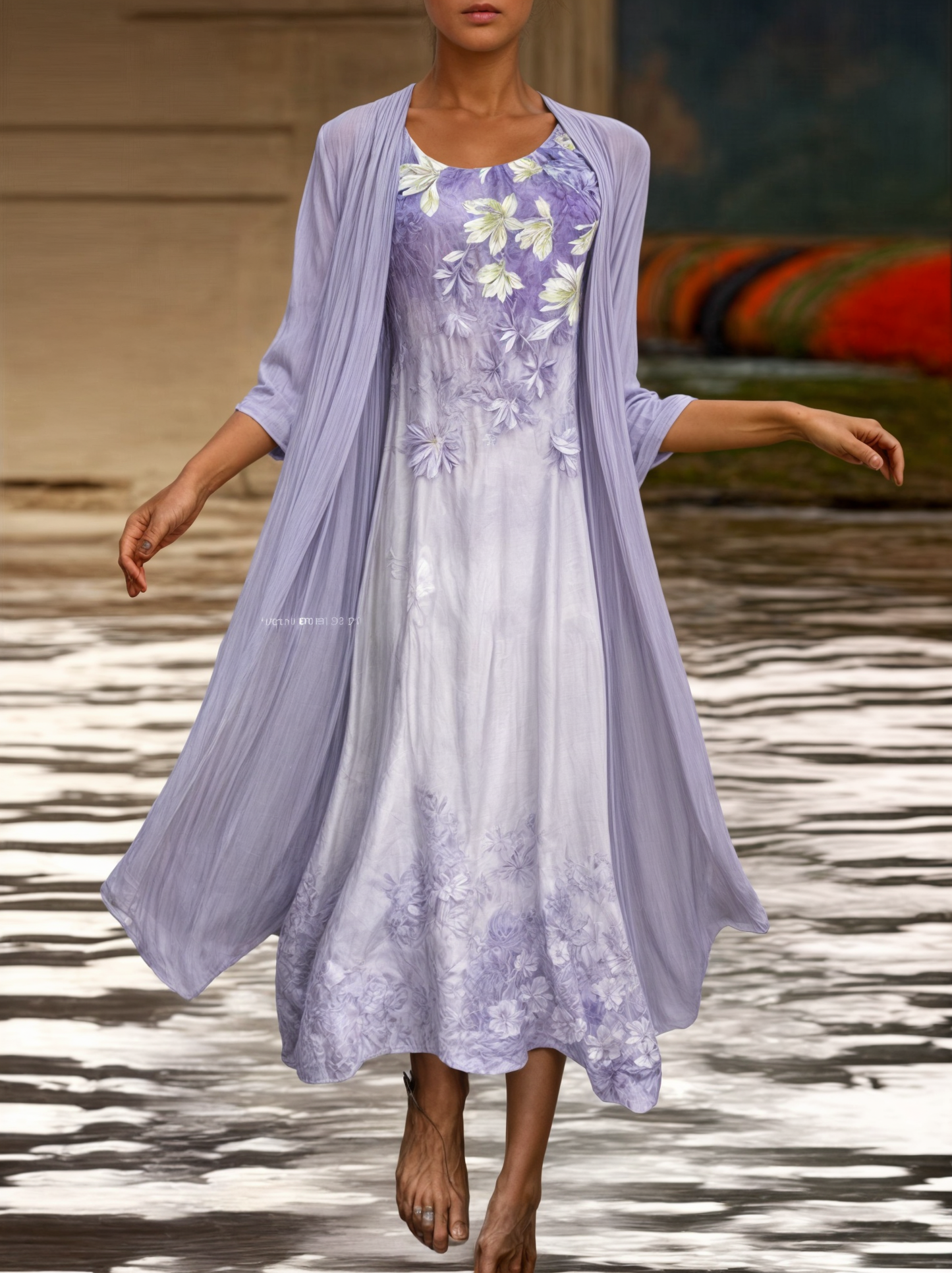 Kleid mit Blumenmuster | Knielang | Locker | Kurzarm | Rundhals-Lila-S-Luzern Mode