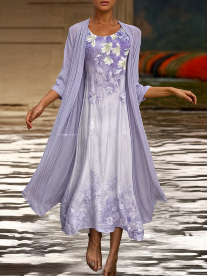 Kleid mit Blumenmuster | Knielang | Locker | Kurzarm | Rundhals-Lila-S-Luzern Mode