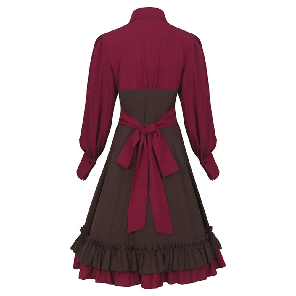 Burgunderrotes und braunes Vintage-Kleid mit Schleife, langärmelig, knielang, Damenmode.