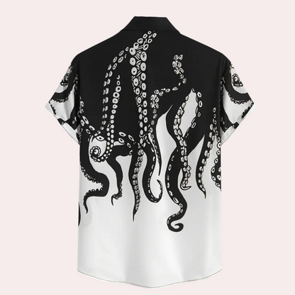 Schwarz-weißes Hemd mit Oktopus-Design, Kurzarm, Unisex, Baumwolle, modisch, lässig.