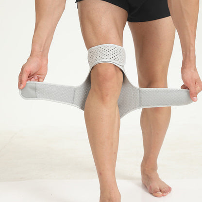 Graue Kniebandage für Sport, verstellbar, atmungsaktiv, Unterstützung, Verletzungsprävention.