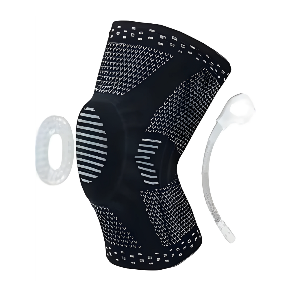 Schwarze Kniebandage mit Silikonring und Stabilisator, atmungsaktiv, elastisch, Sportunterstützung.