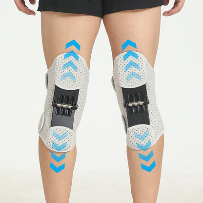 Person mit grauen Kniebandagen, Federunterstützung, Sport, Rehabilitation, Knieorthese.