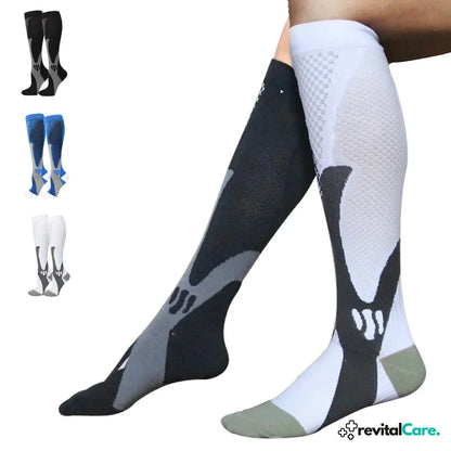 Kompressionsstrümpfe schwarz-weiß, kniehoch, atmungsaktiv, Sport, Unisex, RevitalCare.