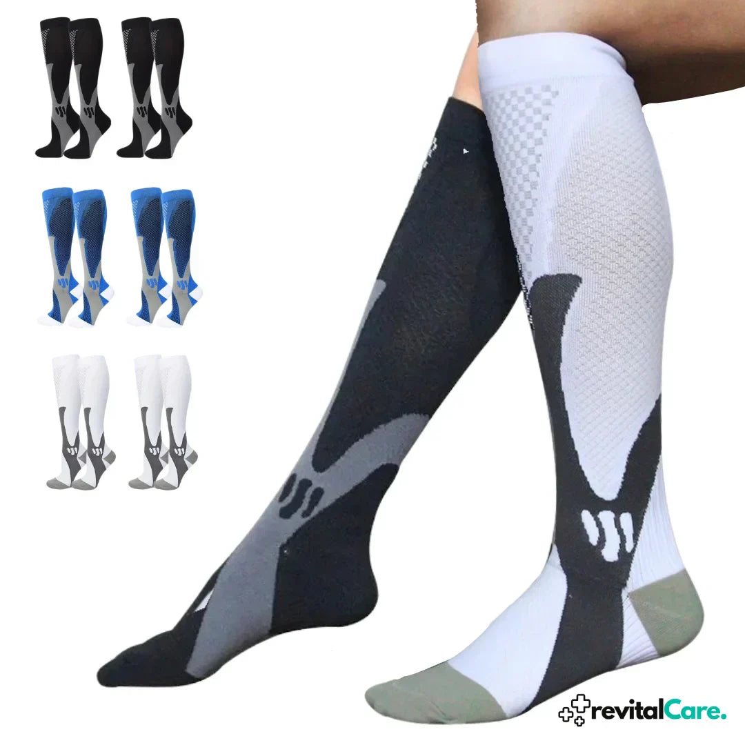 Kompressionsstrümpfe, schwarz-weiß, Sport, Unisex, atmungsaktiv, RevitalCare.
