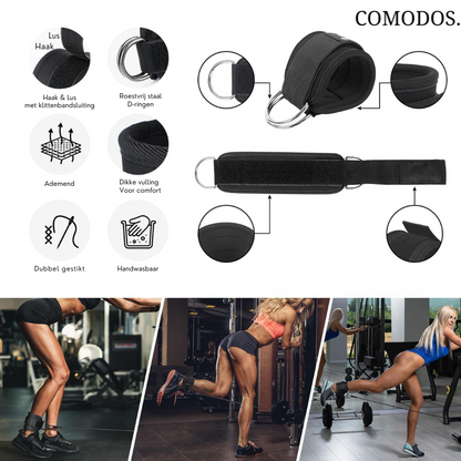 Schwarze Knöchelmanschette Fitness, verstellbar, atmungsaktiv, mit D-Ring, für Krafttraining.