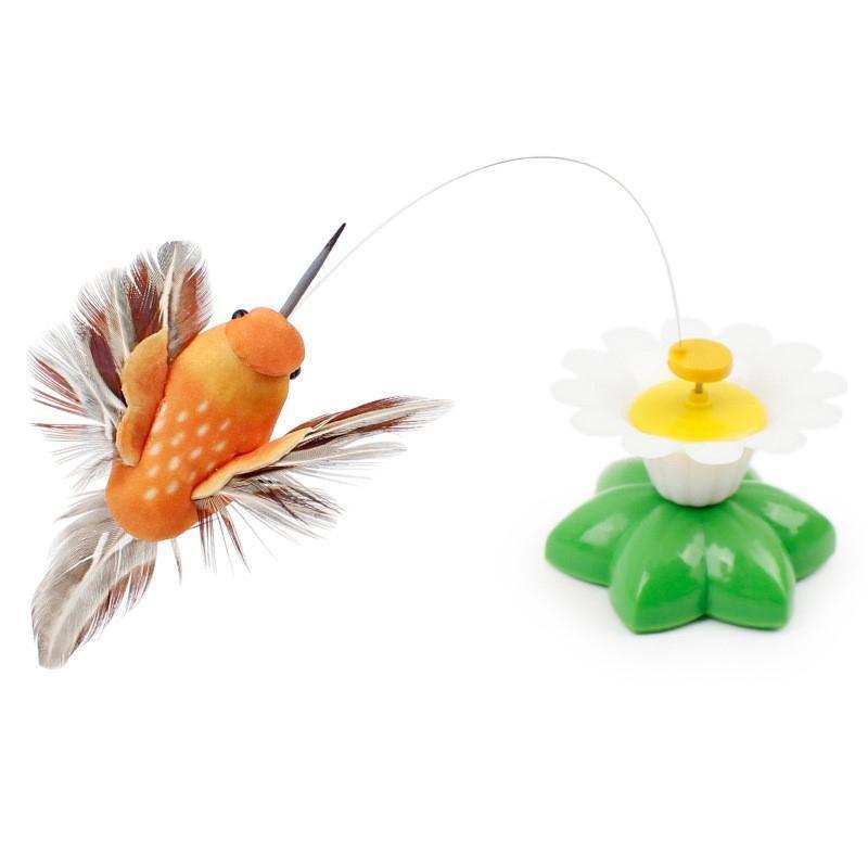 Spielzeug-Kolibri mit Federn, orange, an Blume befestigt, interaktives Katzenspielzeug.