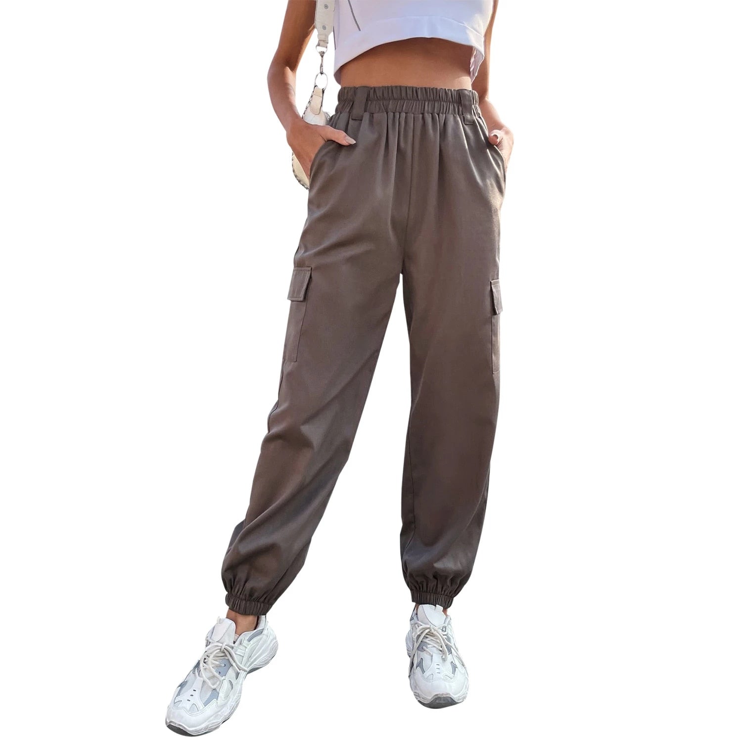 Damenhose mit hoher Taille, locker, braun, bequem, Taschen, Freizeitmode, elastischer Bund.