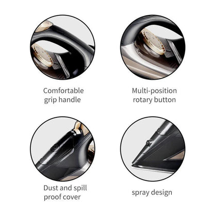 Schwarzes Bügeleisen mit ergonomischem Griff, Drehknopf, Sprühdesign, staubdichter Abdeckung.