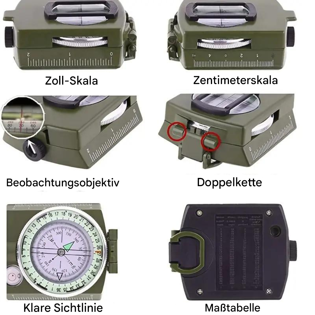 Grüner Kompass mit Zoll- und Zentimeterskala, Beobachtungsobjektiv, klare Sichtlinie.