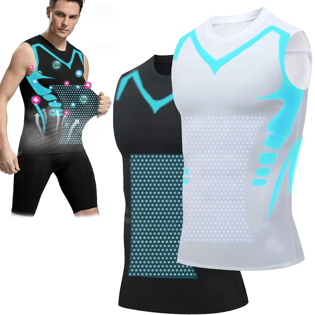 Herren Kompressionsshirt, ärmellos, schwarz und weiß, atmungsaktiv, Sportbekleidung.