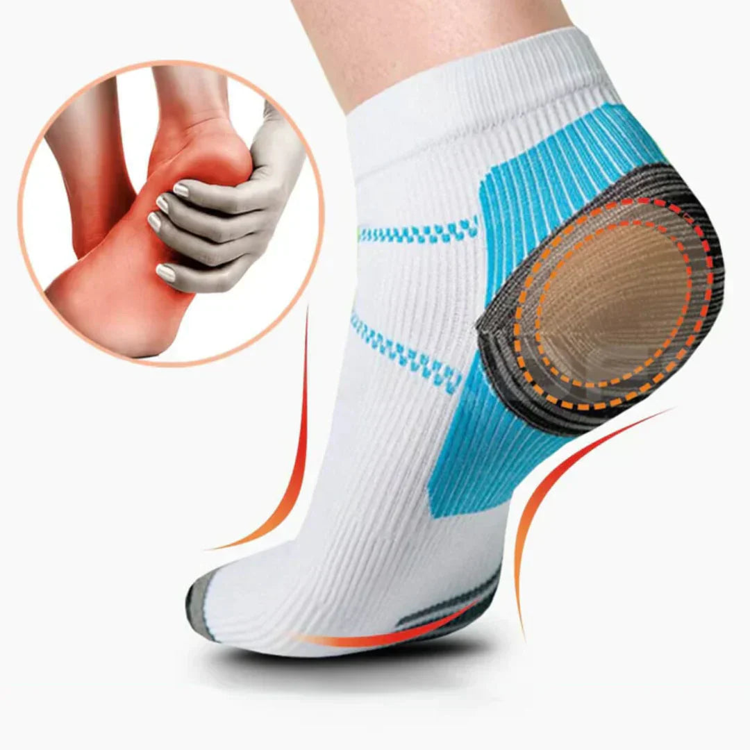 Weiße Kompressionssocken mit blauen Akzenten, Fußschmerz-Linderung, Unisex, Sport, Medizinisch.