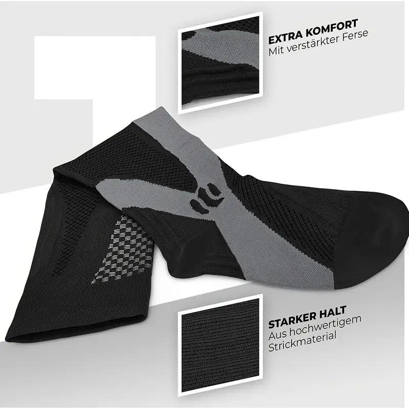 Schwarze Kompressionssocken, verstärkte Ferse, hochwertiges Strickmaterial, extra Komfort.