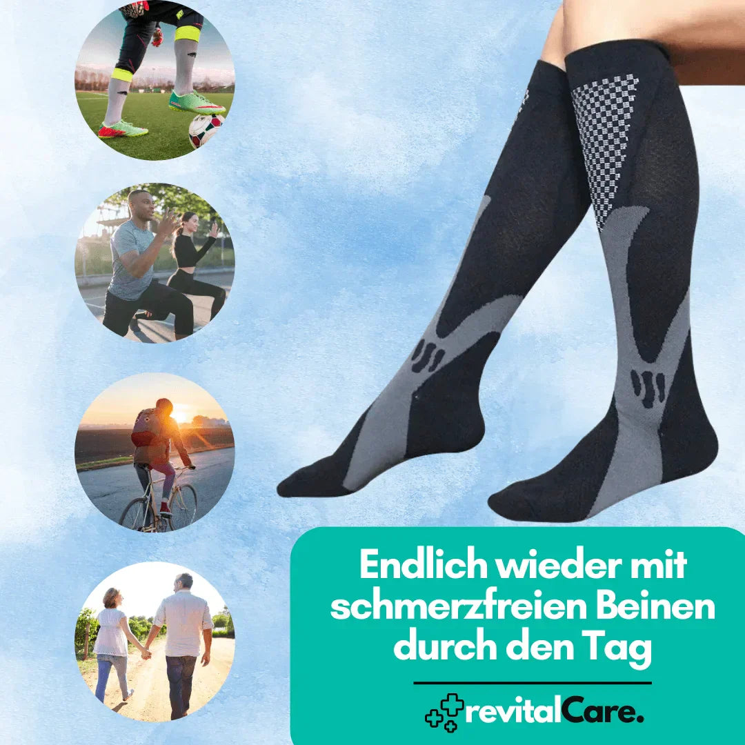 Schwarze Kompressionsstrümpfe, ergonomisch, für Sport und Alltag, schmerzlindernd.