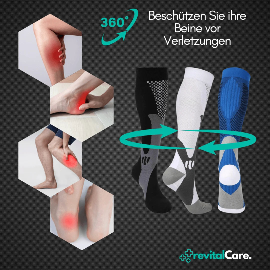 Kompressionsstrümpfe für Sport, schwarz-weiß, Verletzungsprävention, 360° Schutz, RevitalCare.