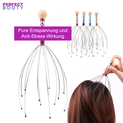 Kopfmassagegerät aus Metall mit Holzgriff, Stressabbau, Entspannung, Kopfhautmassage.