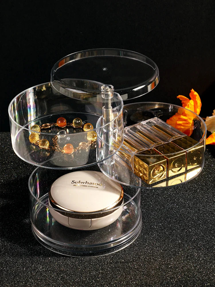 Transparenter Acryl-Organizer mit Schmuck und Kosmetik, drehbar, platzsparend, elegant, modern.