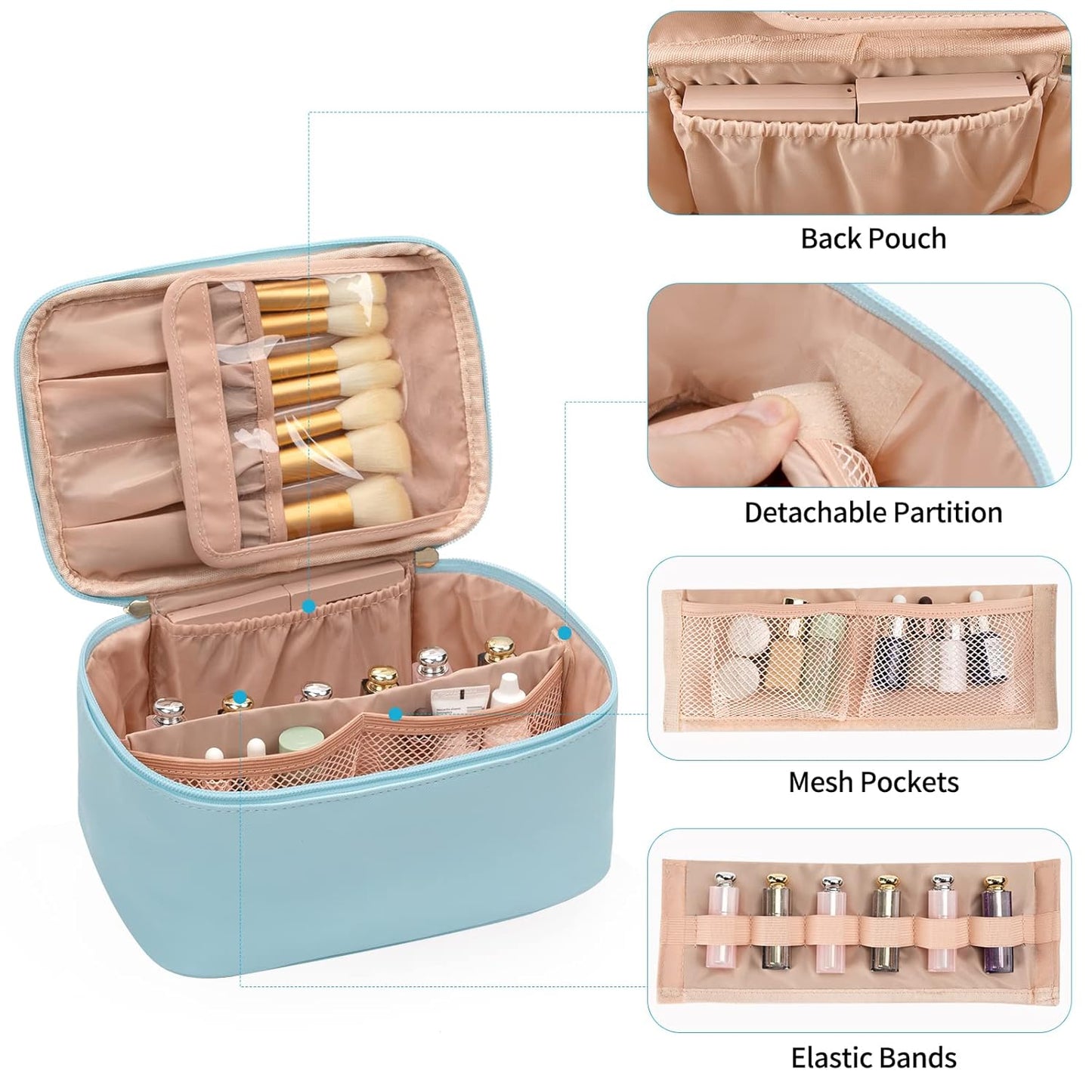 Hellblaue Kosmetiktasche mit abnehmbarer Trennwand und elastischen Bändern für Make-up-Organisation.