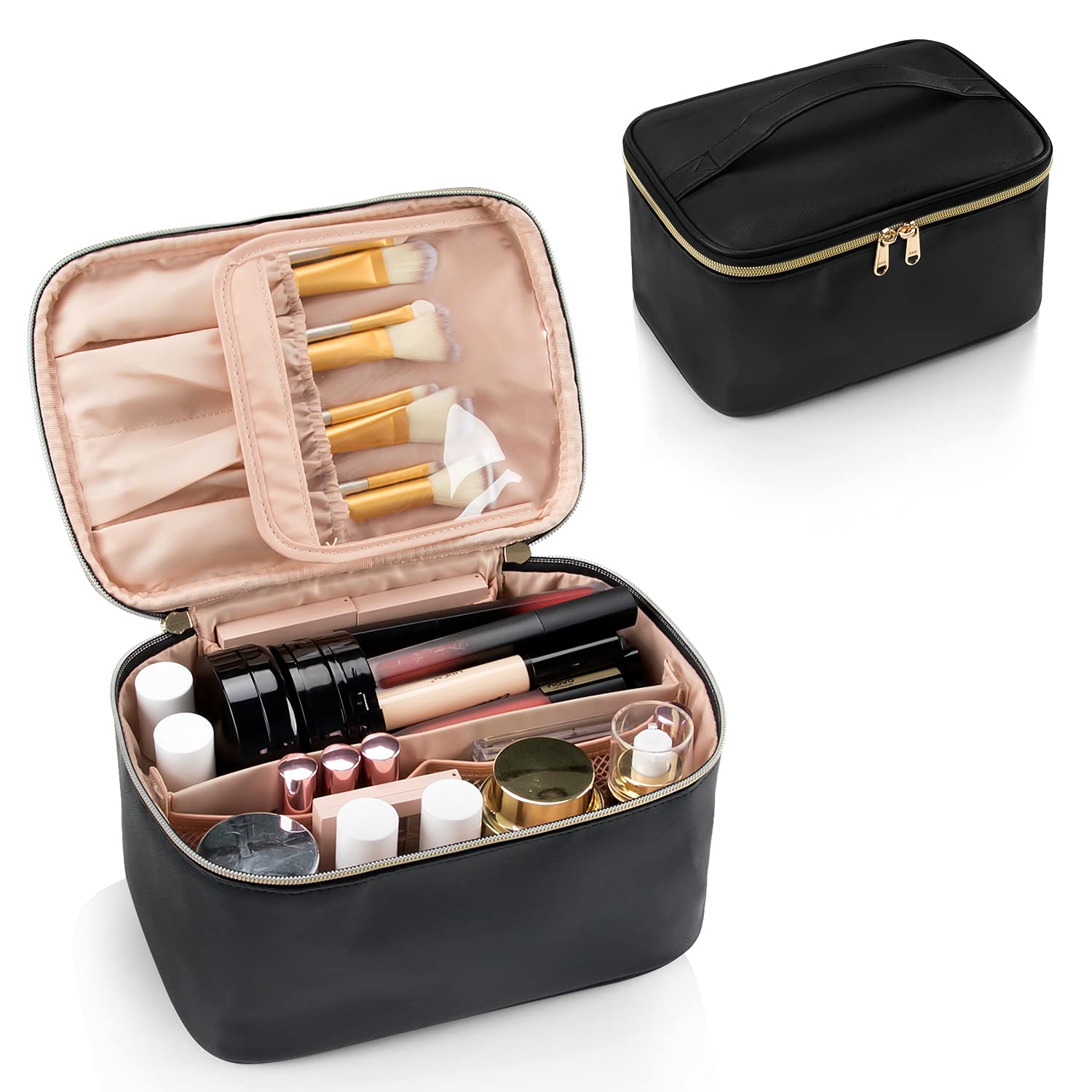 Schwarze Kosmetiktasche mit Reißverschluss, Make-up-Pinselhalter, ideal für Reisen.