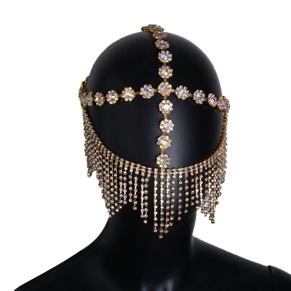 Goldene Strass-Gesichtsmaske mit Fransen, funkelndes Schmuck-Accessoire für Partys.